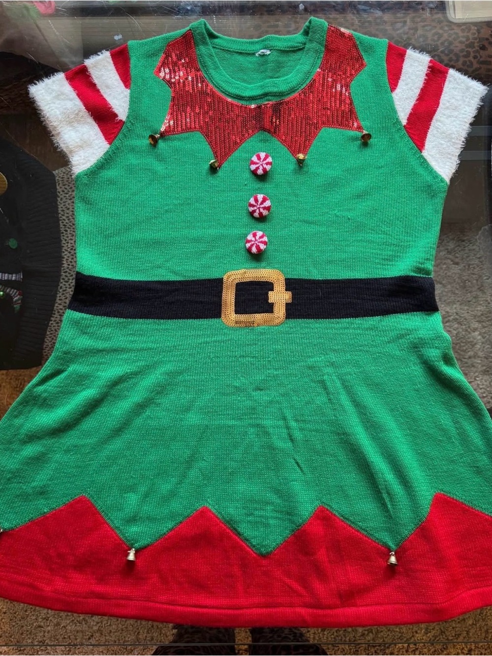 Festive Green and Red Christmas Elf Dress w/ sequin details and bells